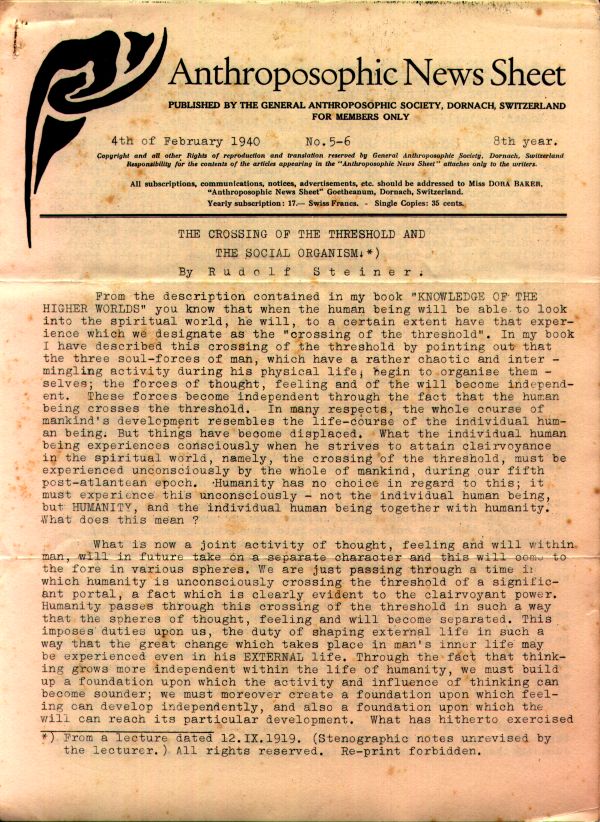 Anthroposophic News Sheet February 4th 1940 No. 5-6 image