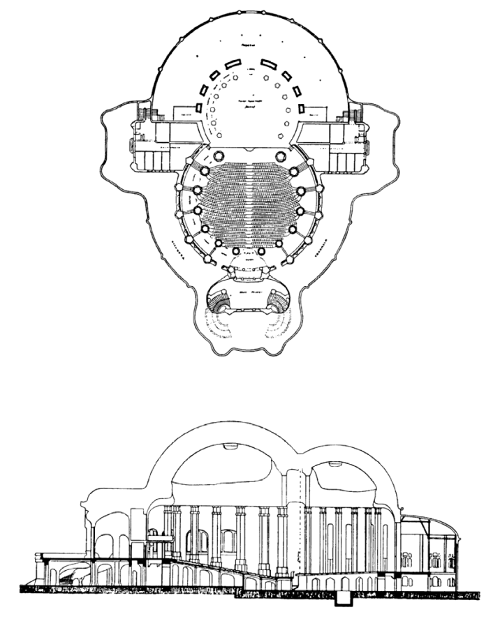 Figure 14: Plan and Cross Section of the First Goetheanum